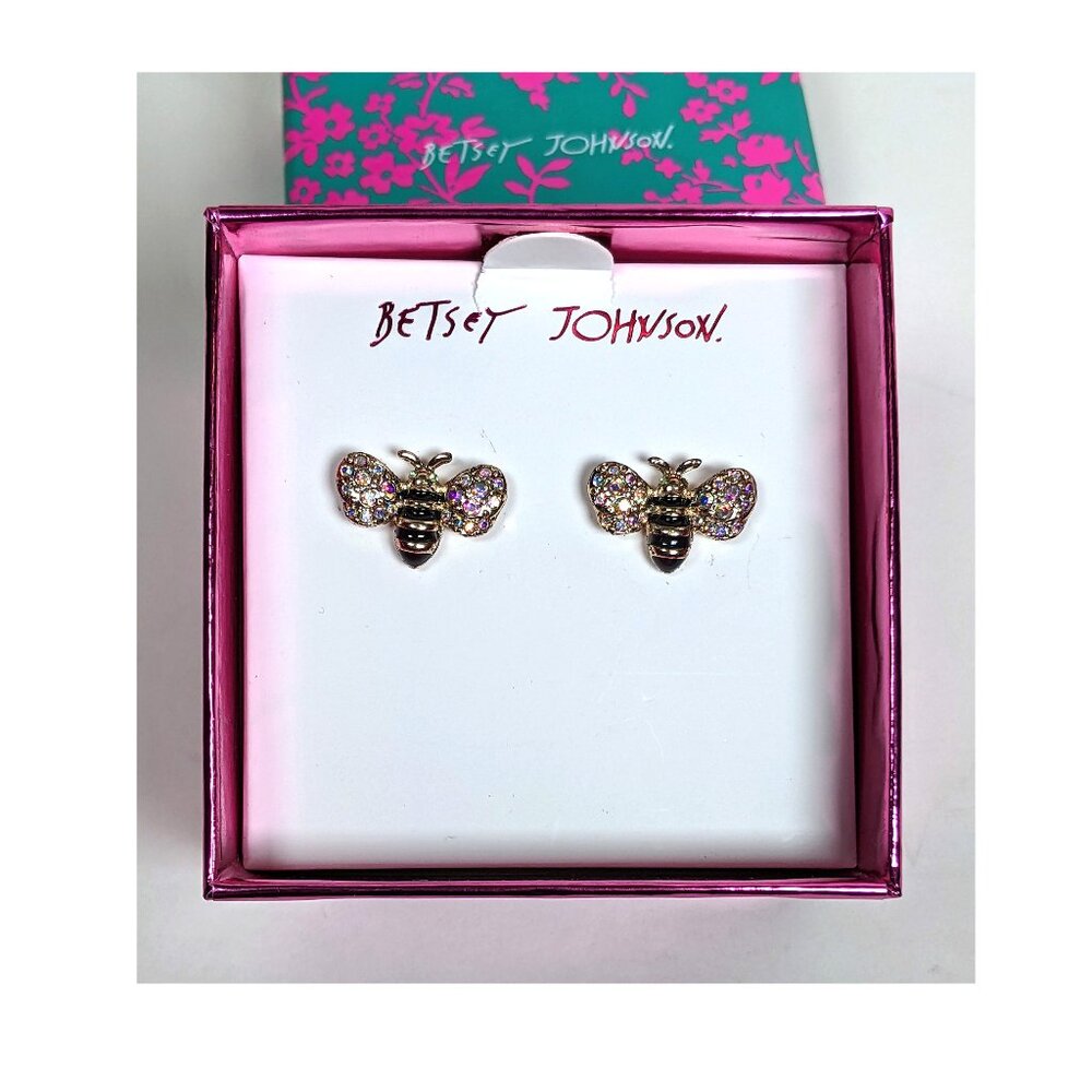 Betsey Johnson Black & Gold Tone Bumble Bee Pierced Rhinestone Earrings NWT
